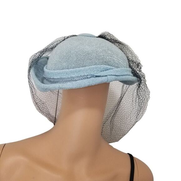 1940s Pointed Blue Hat with Long Black Veil Turned Up Brim Size 7 1/2 VINTAGE - Picture 5 of 6